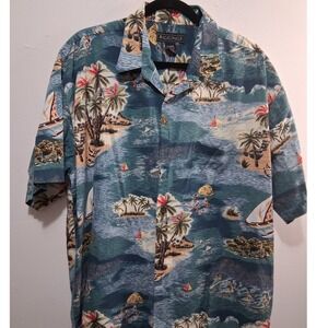 RIGGINS Mens Hawaiian Shirt Tropical Island Sailboat Palm Tree Print XL